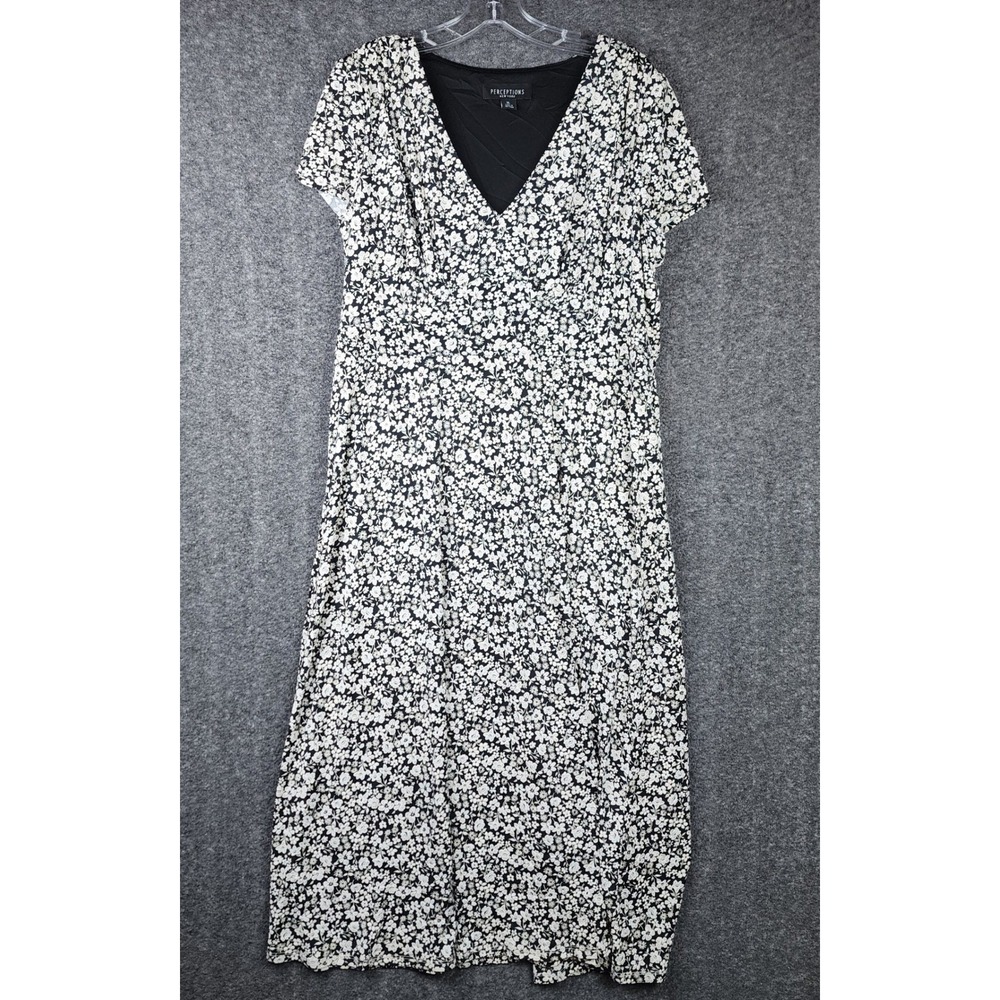 Perceptions Floral Midi Dress Womens XL Black White Smocked Waist V-Neck
